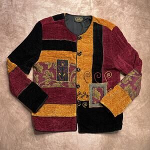 Vintage 90s Allure Boutique Chenille Knit Patchwork Embroidered Cardigan Sweater